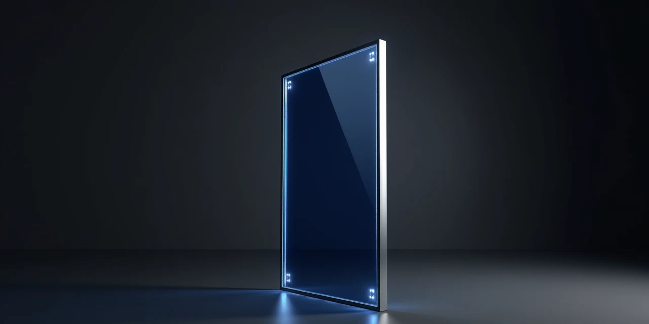 Polaris-Modul vertikal aufgestellt, scharfes Seitenlicht auf Aluminium-Rahmen und Glas-Glas-Laminat