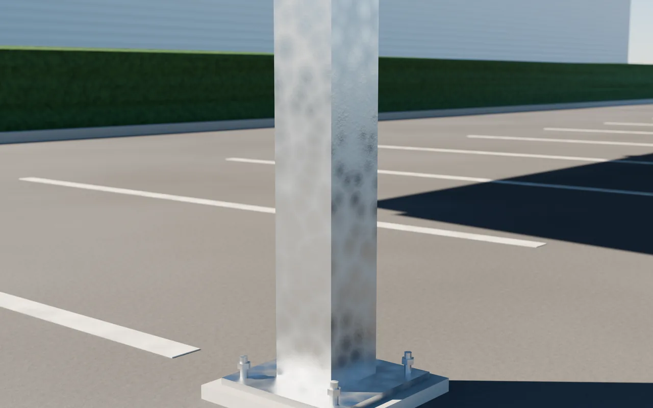 Atlas Heavy – Pfostenfuß mit Fußplatte und vier Ankerschrauben auf dem Fundament