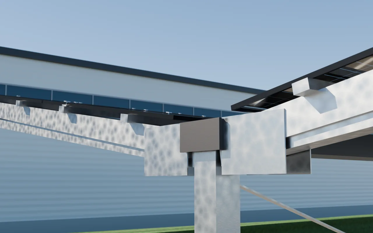 Pfostenkopf des Atlas Heavy: feuerverzinkter Pfosten, Knotenblech und V-förmige Querträger – 3D-Rendering aus der Konstruktionszeichnung