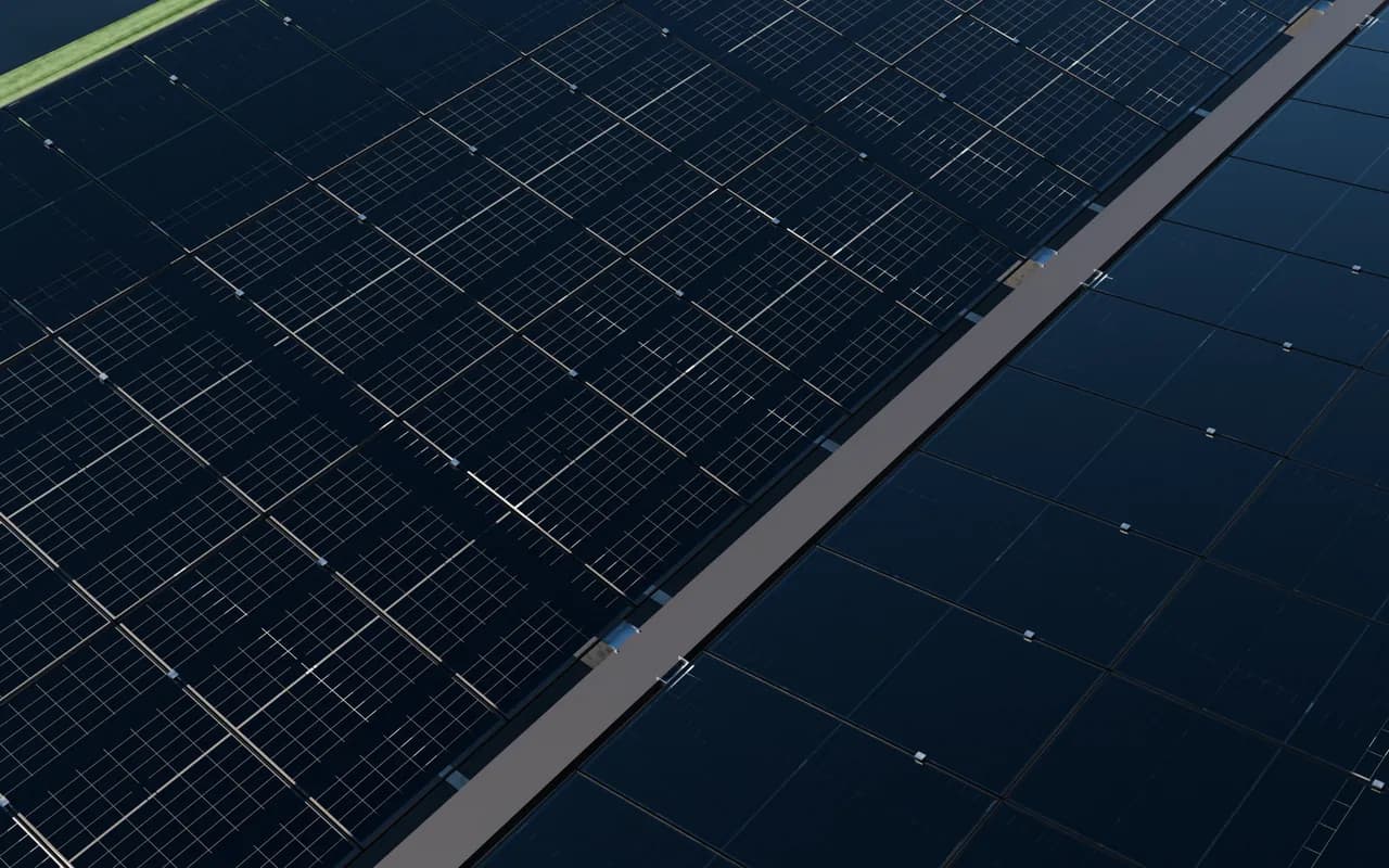 Atlas Heavy – Polaris Glas-Glas-Module in Fallrichtung, Mittelrinne zwischen den Dachhälften