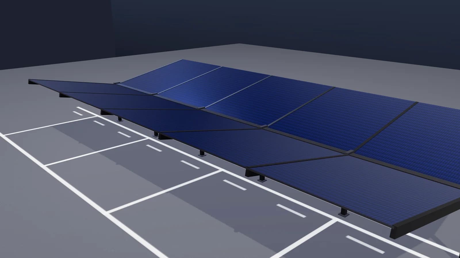 Atlas Heavy Solar-Carport mit Doppelreihen-Konfiguration vor anthrazitfarbenem Industrie-Hintergrund