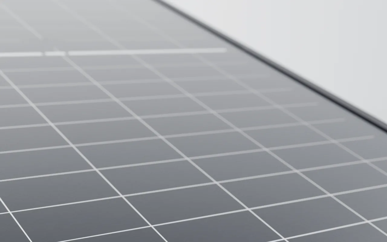 Modulkante des Polaris-Glas-Glas-Moduls mit Rahmenprofil und Panel-Klemme – 3D-Rendering