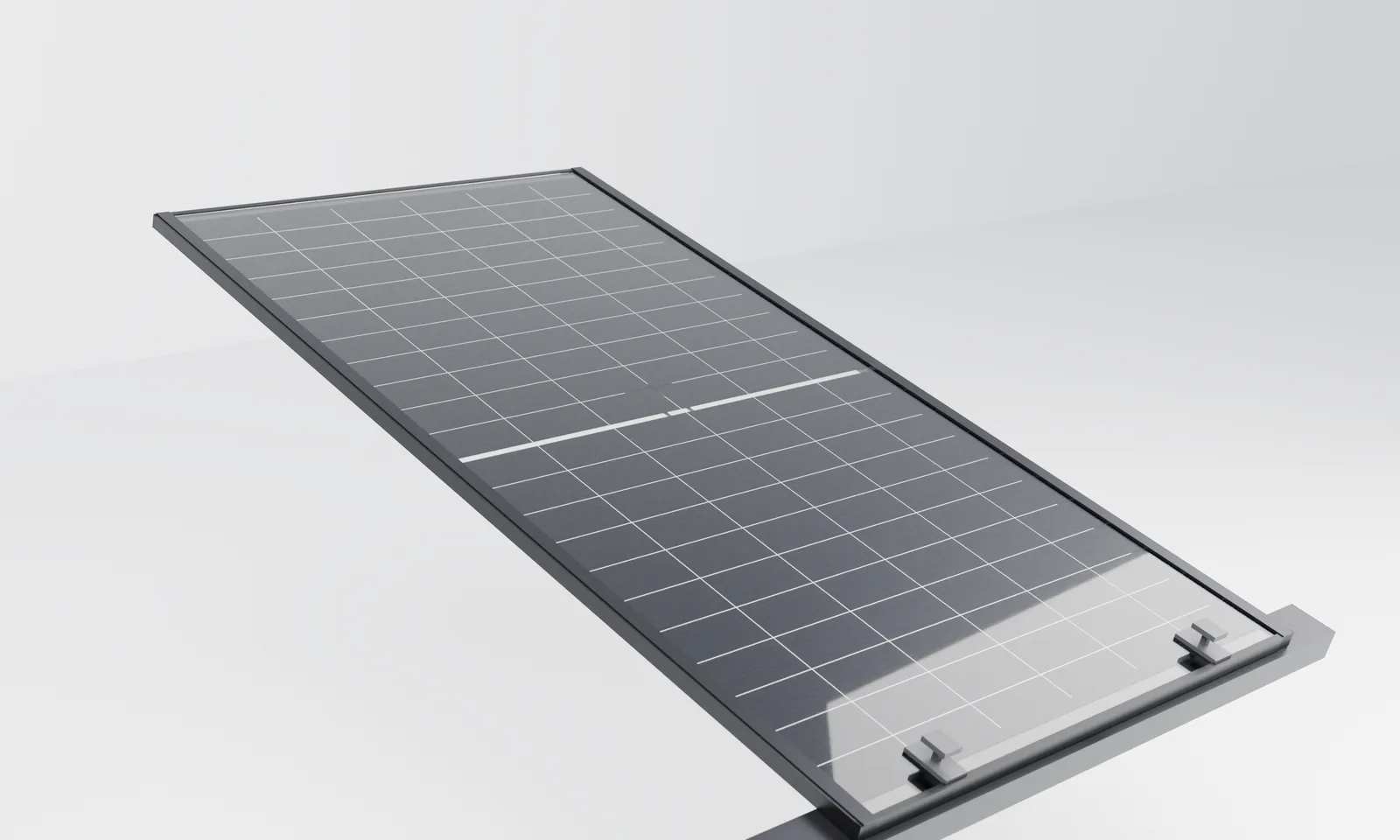 Polaris 540 Wp Glas-Glas-Modul im Querformat, leicht angestellt im hellen Studio – 3D-Rendering