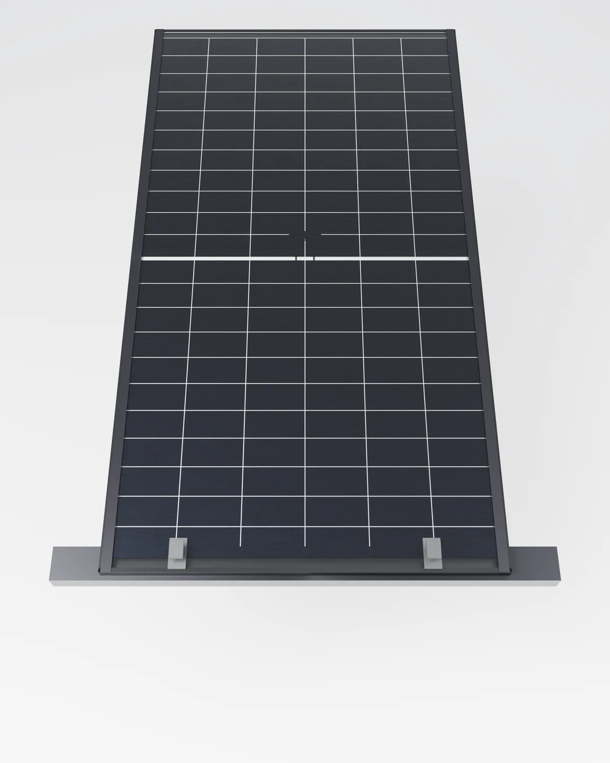 Polaris-Glas-Glas-Modul 2.142 × 1.160 mm im Studio: 132 Halbzellen in sechs Spalten, schwarzer Aluminium-Rahmen, zwei Panel-Klemmen auf der Pfette – maßstabsgetreues 3D-Rendering