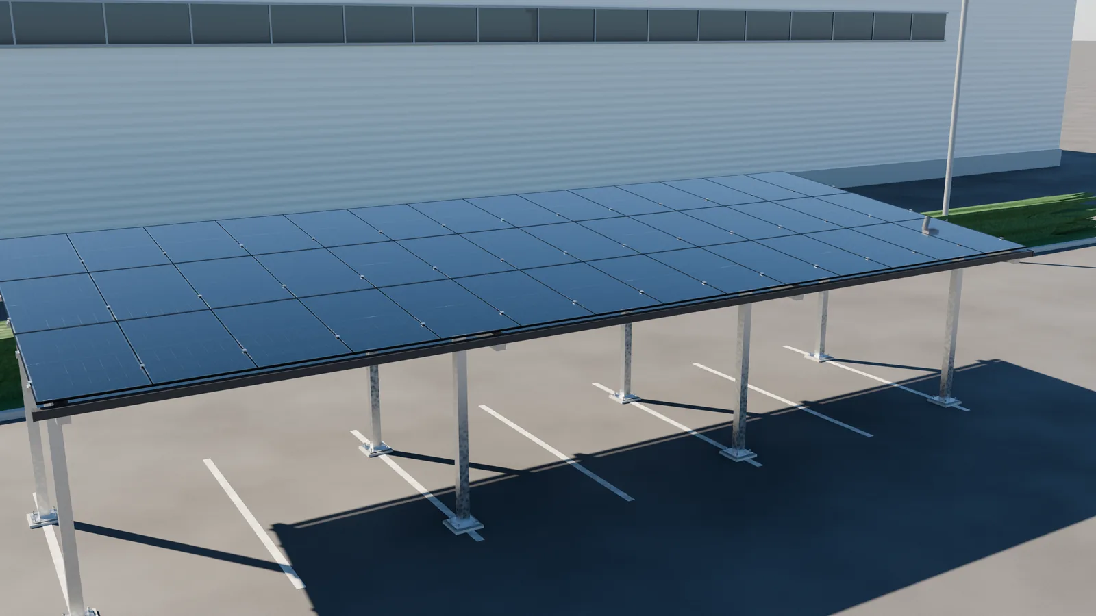 Strix Snow Solar-Carport mit sechs Stellplätzen in Stahl-Leichtbau-Konstruktion auf Gewerbeparkplatz