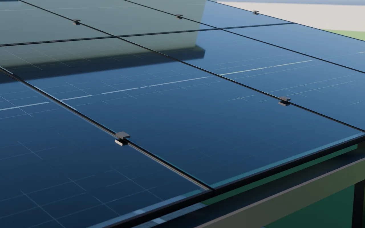 Vela – schwarz eloxierte Alu-Pfetten mit Panel-Klemmen unter den Polaris-Modulen